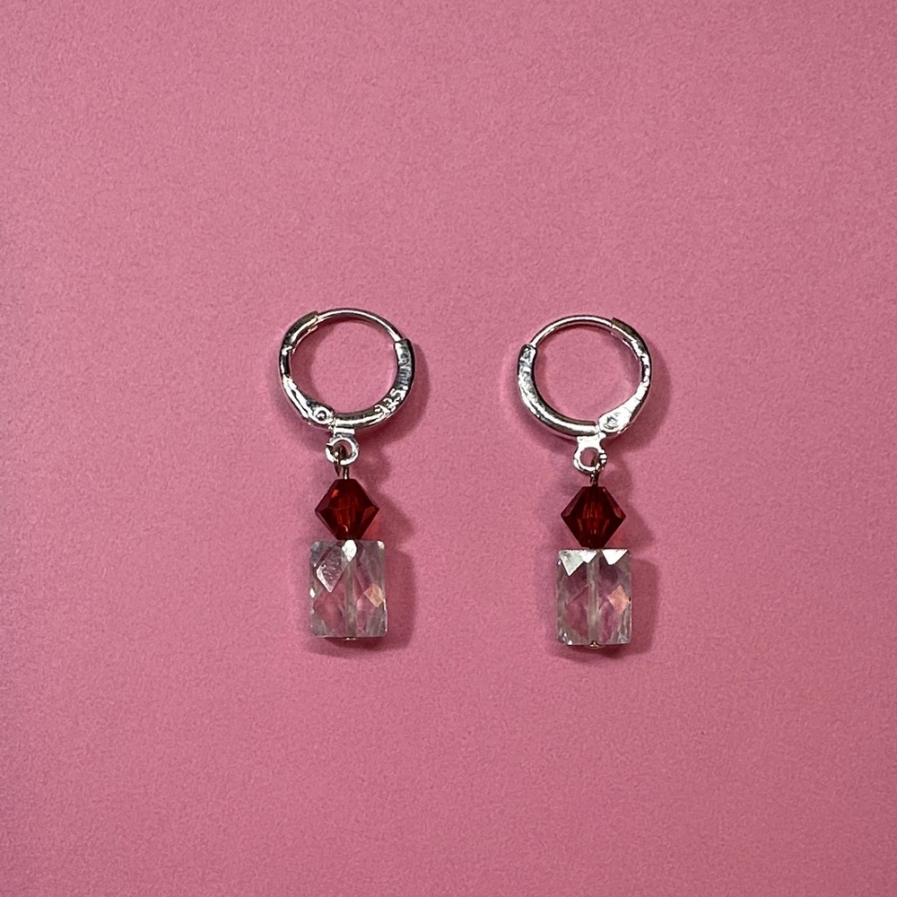 Sterling silver Hoop Earrings with Red and Clear Crystal Dangles